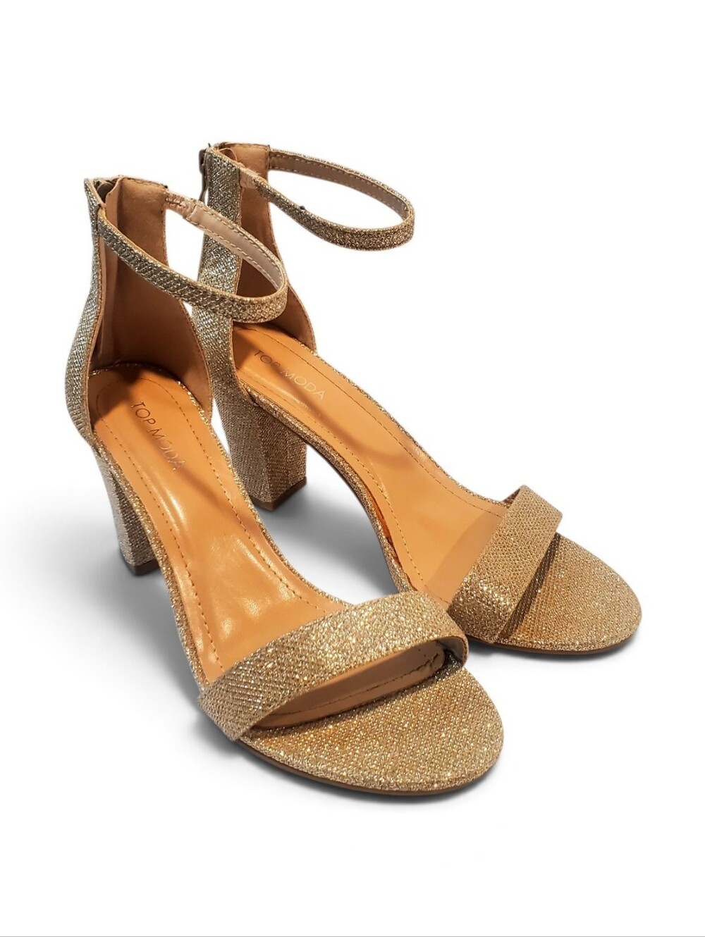 TOP Moda Gold Glitter Ankle-Strap Block Heels Size 10